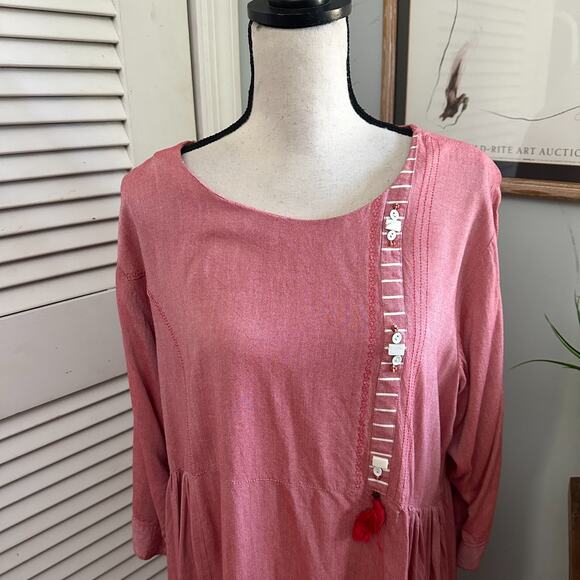 LA FILLE Womens Dress 5X Pink Long Sleeve Shift Midi Bohemian Festival Chic - Picture 2 of 13